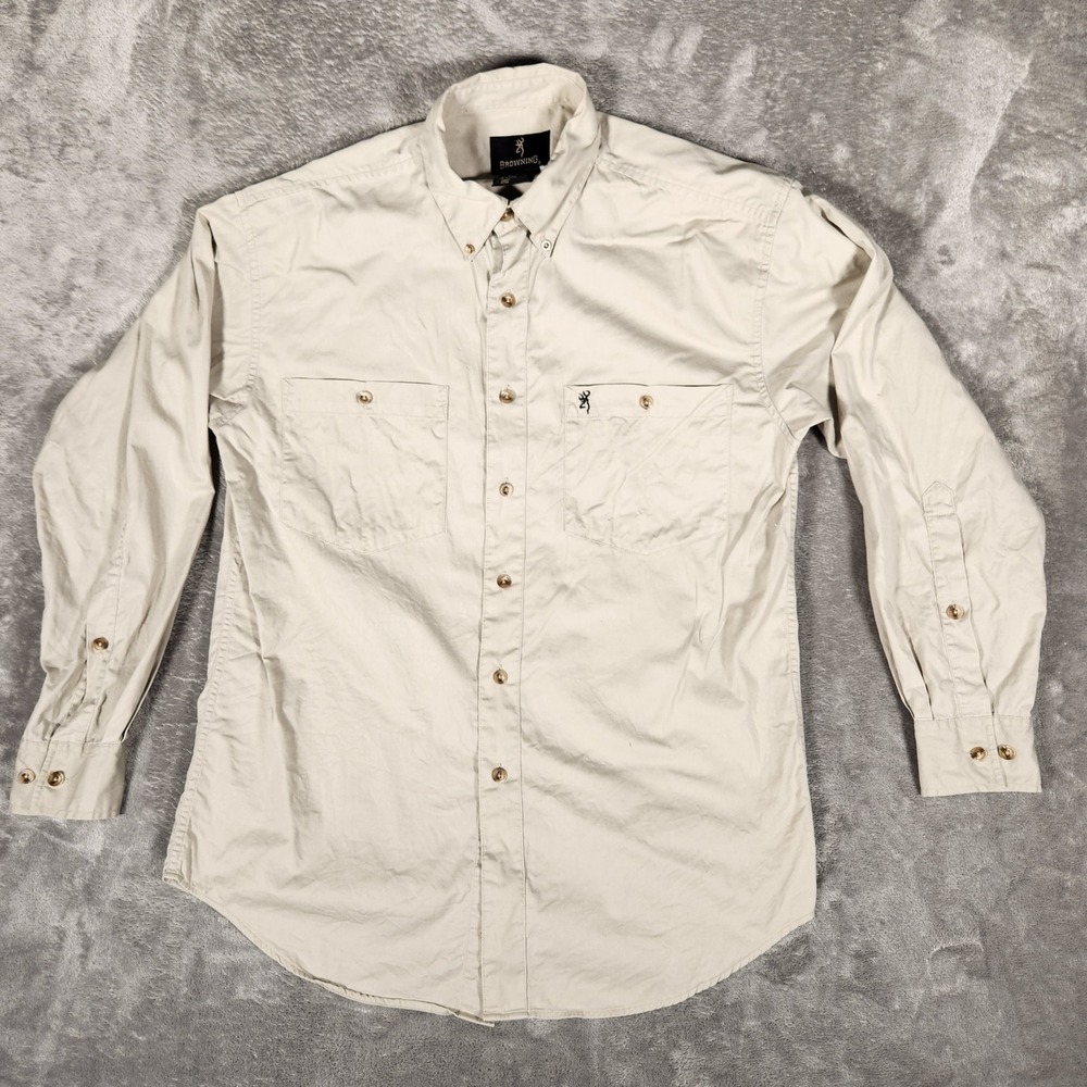 Browning Button Down Shirt‎ Mens Medium Tan Khaki Excellent Long Sleeve Cotton